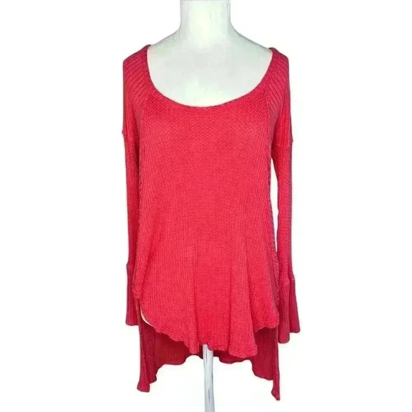 Free People Ventura Thermal Top Long Sleeve Split Hem Coral Poppy Size S - Picture 3 of 7
